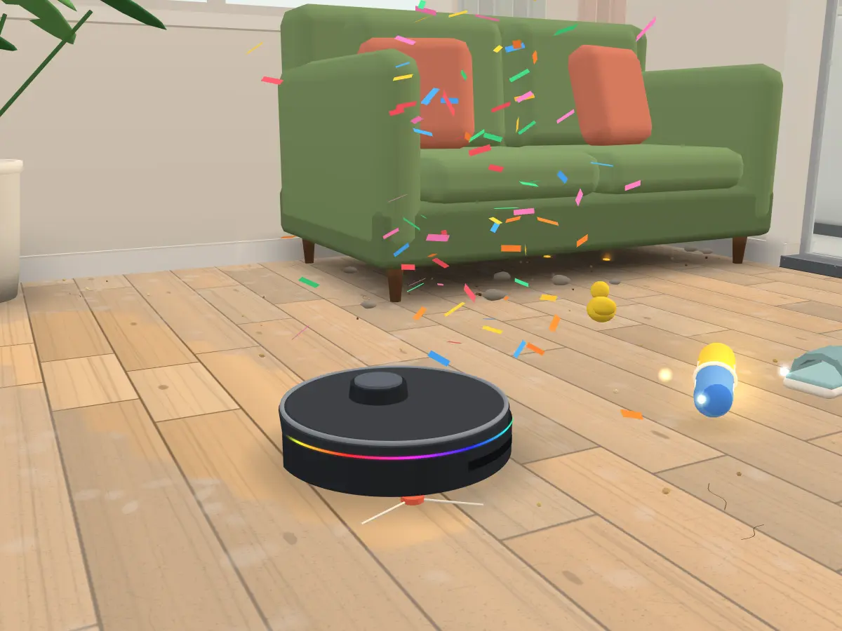 Imagen del juego: sobre el suelo de madera de una sala, un robot aspiradora con una tira de luces arcoíris deja detrás una franja recién limpia; más atrás, frente al sofá verde, cae el confeti de un cañón de fiesta, y a un lado hay un patito de goma y un turbo que brilla